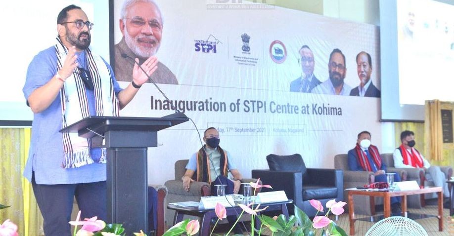 Union Minister of State Rajeev Chandrasekhar speaking during the inauguration of the STPI facility in Kohima on September 17. (DIPR Photo)